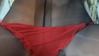 Sillicone doll in black pantyhose and red panties on table - porn video